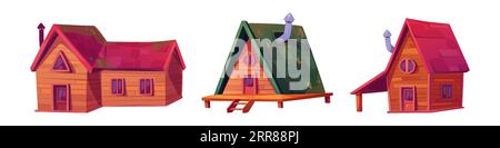 Holzkabine Clipart, Sommer Waldhaus Vektor-Set. Holzhütten-Symbol isoliert auf weißem Hintergrund. Holzhaus auf Pfählen mit Tür, Lodge, Fenster und Dach Illustration Kit. Stock Vektor