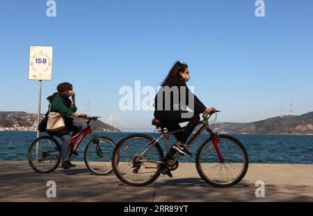 210427 -- ISTANBUL, 27. April 2021 -- Menschen fahren Fahrräder in der Nähe der Bosporus-Straße in Istanbul, Türkei, 26. April 2021. TÜRKEI-ISTANBUL-BOSPORUS STRAITS-SPRING XuxSuhui PUBLICATIONxNOTxINxCHN Stockfoto