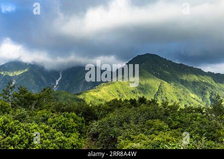Asahi Mountain Range, höchster Berg Ohasahi (Ohasahidake) in Wolke, vor dem Berg Koasahi, 100 Berge von Japan, Yamagata, Tohoku, Japan, Asien Stockfoto