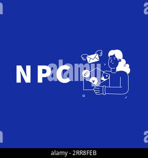 Illustration des Wortes NPC mit Social Media icon.NPC, das in einer der Social-Media-Anwendungen viral wird. Stockfoto