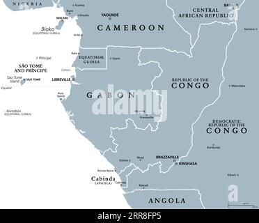 Teil Zentralafrikas, Subregion des afrikanischen Kontinents, graue politische Landkarte, mit Hauptstädten, Grenzen und größten Städten. Gabun, Kongo usw. Stockfoto