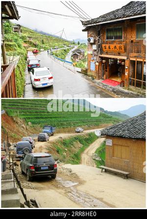 210509 -- GUIYANG, 9. Mai 2021 -- auf diesem Kombi-Foto parken Touristen ihre Autos entlang der neu asphaltierten Straße in Jiabang Terrassenfelder im Congjiang County, südwestchinesische Provinz Guizhou, 4. Mai 2021 oben, Foto aufgenommen von , und Touristen fahren Autos auf einer unbefestigten Straße in Jiabang Terrassenfeldern im Jahr 2011 Foto von Mo Xiaoshu. Hartnäckiges nasses Wetter bedeckt die Terrassen an den meisten Morgen mit einer Decke aus Wolken und Nebel. Die traumhafte Landschaft ist das, was Sie sich vorstellen können und auf Bildern, die von Mo Xiaoshu aufgenommen wurden. MO, ein 39-jähriger Beamter, hat mehr als 100.000 Fotos von Jiaba gemacht Stockfoto