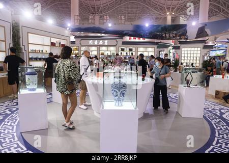 210510 -- HAIKOU, 10. Mai 2021 -- Besucher sehen Porzellan aus Jingdezhen, einer weltberühmten Keramikhauptstadt in der ostchinesischen Provinz Jiangxi, während der ersten China International Consumer Products Expo in Haikou, der Hauptstadt der südchinesischen Provinz Hainan, am 10. Mai 2021. Einheimische Exponate mit chinesischen Merkmalen sind ein absoluter Anblick auf der Expo, da sie nicht nur den Bedürfnissen der Verbraucher gerecht werden, sondern auch den einzigartigen Charme der chinesischen Kultur widerspiegeln. CHINA-HAINAN-HAIKOU-INT L KONSUMGÜTER EXPO-CHINESISCHER STIL CN ZHANGXLIYUN PUBLICATIONXNOTXINXCHN Stockfoto