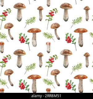 Wilde Pilze, rote Waldbeeren und nahtloses Muster aus Moosquarz. Handgezeichnete botanische realistische Illustration. Waldboletus und Cranberry Stockfoto