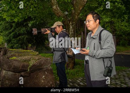 210512 -- LISHUI, 12. Mai 2021 -- die Experten Cui Peng R und Cheng Guolong vom Nanjing Institute of Environmental Sciences führen eine Umfrage zu Vögeln in der Stadt Longquan in der ostchinesischen Provinz Zhejiang, 12. Mai 2021 durch. Die Stadt Longquan liegt im Berggebiet der südwestlichen Provinz Zhejiang und genießt eine günstige ökologische Umgebung. Sie ist bekannt für ihre reichhaltige Artenvielfalt in Ostchina. Derzeit organisiert das Nanjing Institute of Environmental Sciences unter dem Ministerium für Ökologie und Umwelt Experten, um die Biodiversität in Longquan City kontinuierlich zu untersuchen. IT Wil Stockfoto