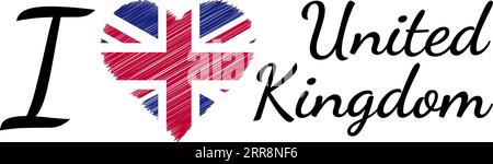 Ich liebe Land Großbritannien Herz Doodle kalligraphische Flagge UK Stock Vektor