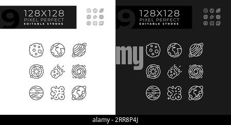 Himmelskörper Pixel perfekte lineare Symbole für den dunklen, hellen Modus Stock Vektor