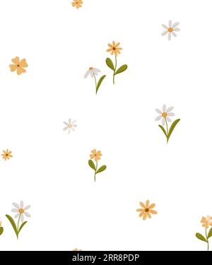Nahtloses minimalistisches Muster mit einfachen Gänseblümchen. Endloser Kamillenhintergrund im skandinavischen Stil. Stilisierte digitale Illustration mit Blumenmuster. Scandi Stockfoto