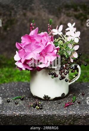 Blumenarrangement mit rosa violetten Hortensienblüten und schwarzen Holunderbeeren in einem rustikalen weißen Emailbecher ist eine Gartendekoration. Stockfoto