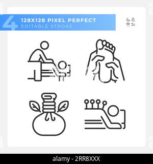 Bearbeitbares Pixel-Set mit perfekten schwarzen Wellness-Symbolen Stock Vektor