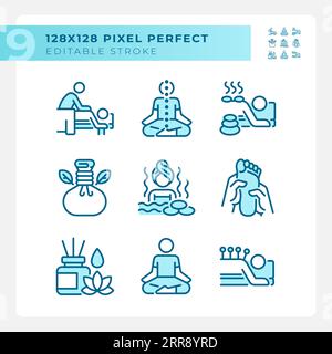 Bearbeitbare blaue Meditationssymbole festgelegt Stock Vektor