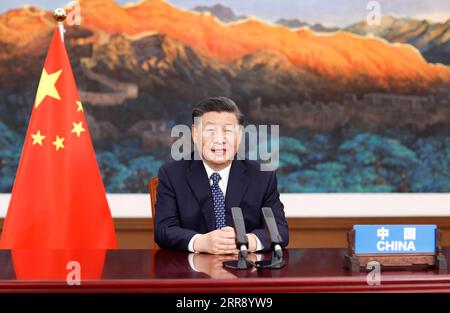 Welt-Gesundheitsgipfel in Rom, Xi Jinping Rede per Videokonferenz aus Peking, China 210521 -- PEKING, 21. Mai 2021 -- der chinesische Präsident Xi Jinping nimmt am Global Health Summit Teil und hält eine Rede per Video in Peking, der Hauptstadt Chinas, am 21. Mai 2021. CHINA-PEKING-XI JINPING-GLOBAL HEALTH SUMMIT CN HUANGXJINGWEN PUBLICATIONXNOTXINXCHN Stockfoto