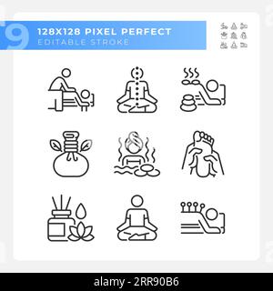 Bearbeitbare schwarze Meditationssymbole eingestellt Stock Vektor