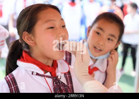 210522 -- LU AN, 22. Mai 2021 -- Ein medizinischer Arbeiter sammelt eine Abstrichprobe eines Schülers für Nukleinsäuretests an einer Grundschule in Lu an, ostchinesische Provinz Anhui, 22. Mai 2021. Von 14 Uhr Samstag bis Montag, Lu an wird eine dritte Runde von Nukleinsäure-Tests für Bewohner in den Hauptbezirken und Schlüsselbereichen, sagte die kommunale gesundheitskommission. Lu an begann am 17. Mai seine zweite Runde der COVID-19-Tests. Bis zum 19. Mai waren insgesamt 1.050.298 Proben getestet worden, die alle negativ waren. CHINA-ANHUI-LU AN-COVID-19-TEST CN ZHANGXDUAN PUBLICATIONXNOTXINXCHN Stockfoto