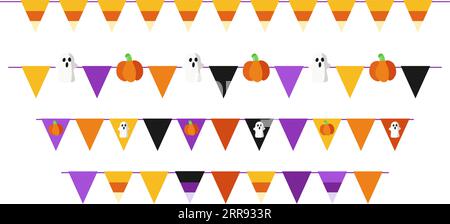 Dekorative Halloween-Kranz mit kleinen Dreiecksfahnen. Bunte Wimpel zum Geburtstag, fest, fest oder Karneval. Vektorillustration. Stock Vektor