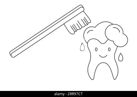Doodle niedlichen Zahn mit Zahnbürste. Zahnärztliche Versorgung. Mundhygienekonzept für Kinder in der Kinderzahnheilkunde. Zahnreinigung und Prophylaxe. Vektorhand Stock Vektor