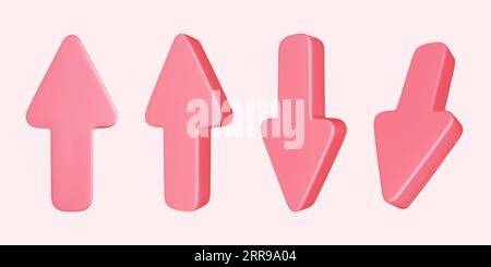 Sammlung realistischer rosafarbener 3D-Pfeile, die isoliert auf hellrosa Hintergrund zeigen. Vektorillustration Stock Vektor