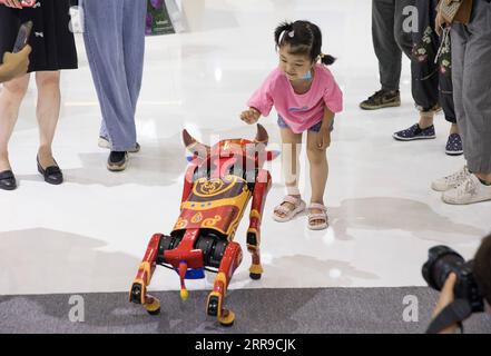 210609 -- NINGBO, 9. Juni 2021 -- Ein Kind interagiert mit einem viehförmigen Roboter auf der zweiten China-Mittel- und osteuropäischen MOEL Expo in Ningbo, Ostchinesische Provinz Zhejiang, 9. Juni 2021. Die expo wurde am Mittwoch für Besucher eröffnet. Unter dem Motto „Förderung eines neuen Entwicklungsparadigmas“ und „gemeinsam eine Chance für einen Gewinn nutzen“ zielt die expo darauf ab, den Handel zwischen China und den Mittel- und osteuropäischen Ländern der MOEL zu fördern. CHINA-ZHEJIANG-NINGBO-2ND CHINA-CEEC EXPO CN JINXLIWANG PUBLICATIONXNOTXINXCHN Stockfoto