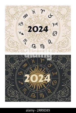 Horizontales astrologisches Deckblatt für Tagebuch, Kalender für 2024. Goldene Sonne und Mond, Tierkreisrad mit 12 Horoskopsymbolen. Mystische Vektorgrafik auf Schwarz Stock Vektor