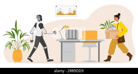 Das Mädchen kommt mit Box zur Arbeit. Roboter trifft sich, streckt ihre Hand zur Begrüßung aus. Personalbeschaffung. Zusammenarbeit, gemeinsame Arbeit. Bürokonzept. Stellen Sie bei ein Stock Vektor