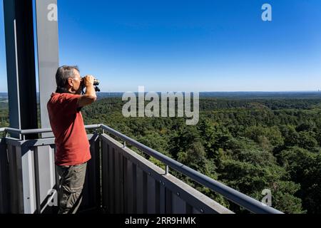 Feuerwehrturm auf dem Rennberg, bei Flaesheim, Haltern am See, im Waldgebiet Haard, einer von 3 Feuerwehrtürmen in der Region, von April bis Oktober Stockfoto