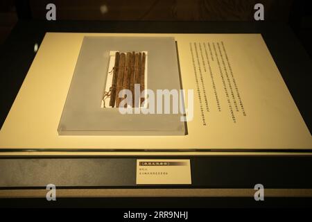 (230907) -- LANZHOU, 7. September 2023 (Xinhua) -- Bambusschlappen werden in der neuen Halle des Gansu Bambusschlupfmuseums in Lanzhou, nordwestchinesische Provinz Gansu, 7. September 2023 ausgestellt. Die neue Halle eines Bambus-Slip-Museums in Gansu wurde am Donnerstag eröffnet, mit mehr als 1.000 antiken Bambus-Slips. Die meisten dieser Ausweise werden zum ersten Mal seit ihrer Entdeckung ausgestellt, darunter auch solche, die etwa 2.000 Jahre auf die Han-Dynastie (202 v. Chr.–220 n. Chr.) zurückgehen. Gansu liegt am Hexi-Korridor, einem Teil der alten Seidenstraße im Nordwesten Chinas, und hat ein trockenes Klima, und daher das anc Stockfoto