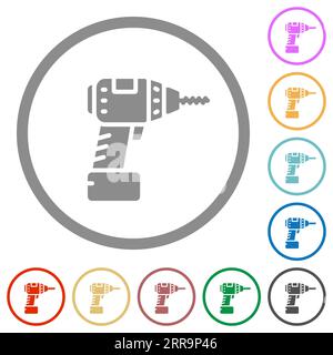 Flache Farbsymbole für Akku-Drill in runden Konturen auf weißem Hintergrund Stock Vektor