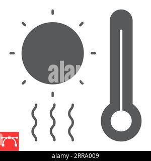 Glypensymbol für heißes Wetter, Klimawandel und Sonne mit Thermometer, Symbol für Hitzewellen-Vektor, Vektorgrafiken, bearbeitbares durchgezogenes Zeichen, eps 10. Stock Vektor