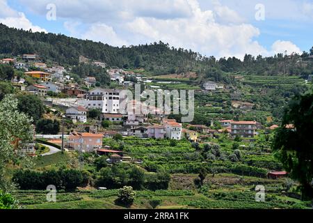 Landschaftsblick über Dorf und Berge im Bezirk Aveiro im Norden Portugals Stockfoto