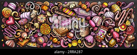 Comic Vector Candies Doodle Illustration zeigt eine Vielzahl von süßen Lebensmitteln Objekte und Symbole. Leuchtende Farben skurriles lustiges Bild. Stock Vektor
