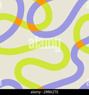 Naives Groovy Squiggle nahtloses Muster. 1970 lustige bunte Linie mit Nudelmuster in Grün und Lavendelfarben. Moderne, trendige Hintergründe für Kinder. Skandinavischer Kindergartendruck Stock Vektor