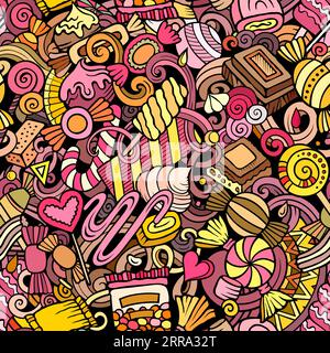 Cartoon Doodle Candies mit nahtlosem Muster. Kulisse mit Symbolen und Gegenständen von Süßwaren. Farbenfroher, detaillierter Hintergrund für Druck auf Stoff, Textil, ph Stock Vektor