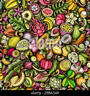 Comic-Vektor-Kritzeleien zum Thema exotische Früchte nahtloses Muster zeigt eine Vielzahl tropischer fruchtiger Objekte und Symbole. Skurril verspielt c Stock Vektor