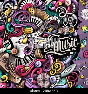Musik-Vektor-Kritzelillustration. Musikalisches Rahmendesign. Sound-Elemente und Objekte Cartoon-Hintergrund. Leuchtende Farben lustiges Bild. Alle Elemente sind vom september Stock Vektor