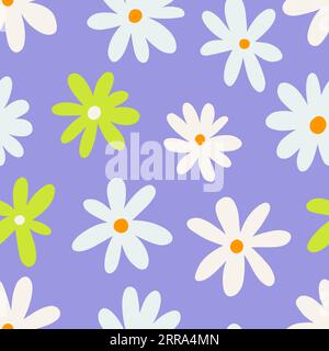 1970 Daisy Naive Groovy nahtloses Muster. Lustiger, farbenfroher Doodle-Hintergrund. Weiße Blumen auf Lavendel. Moderne, trendige Hintergründe für Kinder. Skandinavischer Kindergartendruck Stock Vektor