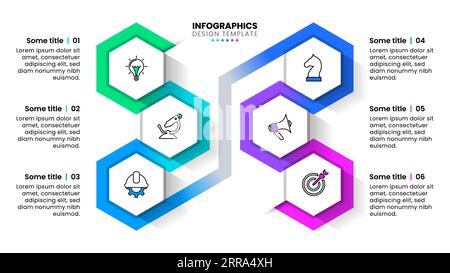 Infografikvorlage mit Symbolen und 6 Optionen oder Schritten. Sechsecke. Kann für Workflow-Layout, Diagramm, Banner und Webdesign verwendet werden. Vektorillustration Stock Vektor