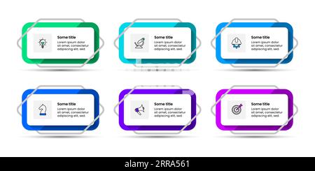 Infografikvorlage mit Symbolen und 6 Optionen oder Schritten. Abstrakte Rechtecke. Kann für Workflow-Layout, Diagramm, Banner und Webdesign verwendet werden. Vektorillus Stock Vektor