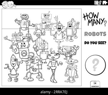 Schwarz-weiß-Illustration der pädagogischen Zählaktivität mit Zeichentrickroboter Charaktergruppe Ausmalseite Stock Vektor