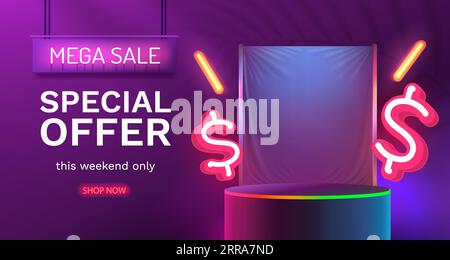 Mega-Sonderangebot, Stage Podium Prozent, Stage Podium Szene mit für Dollar, Dekor Element Hintergrund. Vektor Stock Vektor