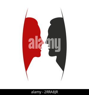 Schwarze und rote Silhouetten von Mann und Frau sehen sich an. Männliches und weibliches Konzept. Erwachsener Mann und Frau im Profil. Vektorillustration. Stock Vektor