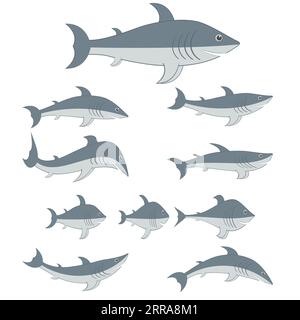 Haifische in verschiedenen Formen und Typen. Zeichentrickfiguren. Vektorgrafiken. Stock Vektor