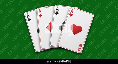 Eine Hand mit Spielkarten, bestehend aus Spak, Diamanten, Schlägern, Herzen. Vektor-Illustration Casino aller Asse. Green Casino-Tisch zurück Stock Vektor