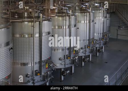 Moderne Weinfässer aus Edelstahl im Weingut Stockfoto