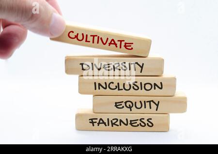 Pflegen Sie Vielfalt, Inklusion, Gleichheit und Fairness auf Holzblöcken. Diversity-Konzept. Stockfoto