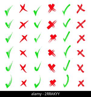 Ja und nein Rote und grüne Form. Von Hand gezogene Kritzelspuren und Kreuze Set-Kollektion. Kritzeleien, Zeichenstifte. Mit Bleistifthand gezeichnete Häkchen A Stock Vektor