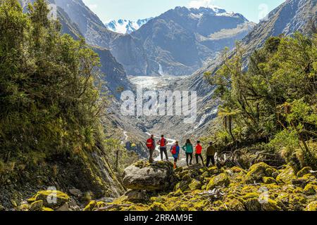 210806 -- WELLINGTON, 6. August 2021 -- Wanderer stehen am Fuße des Fox Glacier an der Westküste der Südinsel von Neuseeland, 24. November 2020. Der neuseeländische Fox Glacier ist seit langem eine international bekannte Touristenattraktion. Rob Jewell, CEO von Fox Glacier Guiding, ist jedoch zutiefst besorgt über die Stornierung von Buchungen nach der achtwöchigen Pause der Trans-Tasman-Reiseblase, die Ende Juli eingeführt wurde, in der Regel die goldene Saison für Unternehmen der Fox Glacier Township, einem abgelegenen und kleinen Reiseziel in Neuseeland. ZU DIESEM Feature: Neuseelands abgelegener Tourismusort ist schlecht Stockfoto