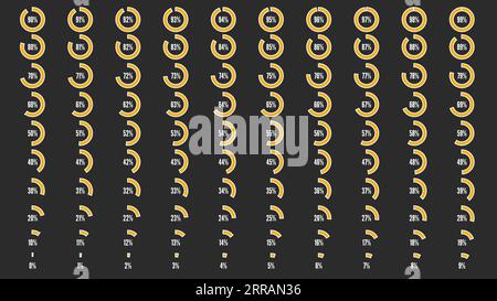 Satz von Symbolen für Infografik. Umfangreiche Sammlung von Benutzeroberflächen oder Infografiken für Unternehmen. Kreisdiagramme in Prozent von 0 bis 100. Weiß und Stock Vektor