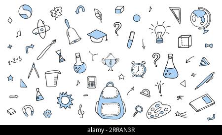 Big Doodle hat Schule gemacht, Wissenschaft. Schwarz-weiß-Kontur. Skizzen-Symbolset. Vektor isoliert auf weiß. Schulbedarf, Laborausstattung, Werkzeuge. Zurück zur Schule. Lernen, Bildung, Wissen Stock Vektor