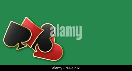 Hearts Diamant Clubs Piks signalisieren realistische Chips. Glänzende Spielkartensymbole mit goldenem Rand. Vektor-Illustration Kartenschild auf grünem Hintergrund Stock Vektor