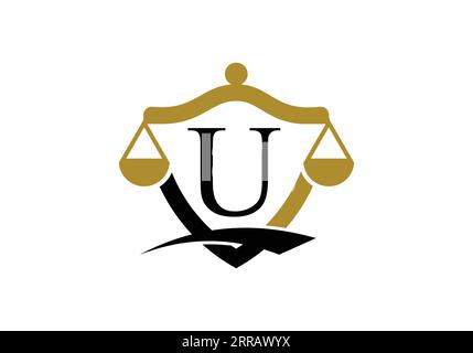 Anfangsbuchstabe des U-Monogramms mit Symbol für die Regelskala. Rechtsanwalt, Rechtsbeistand, Anwaltspflege, Anwaltsbüro, Waage, Logo-Vorlage Stock Vektor